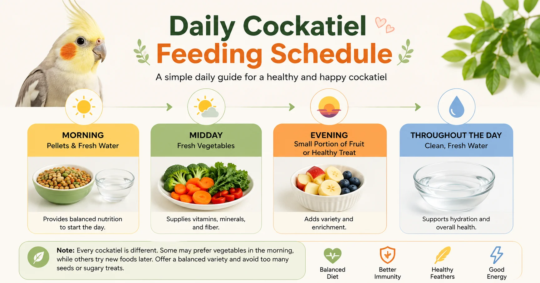 Daily cockatiel feeding schedule with pellets, vegetables, fruit, healthy treats, and fresh water