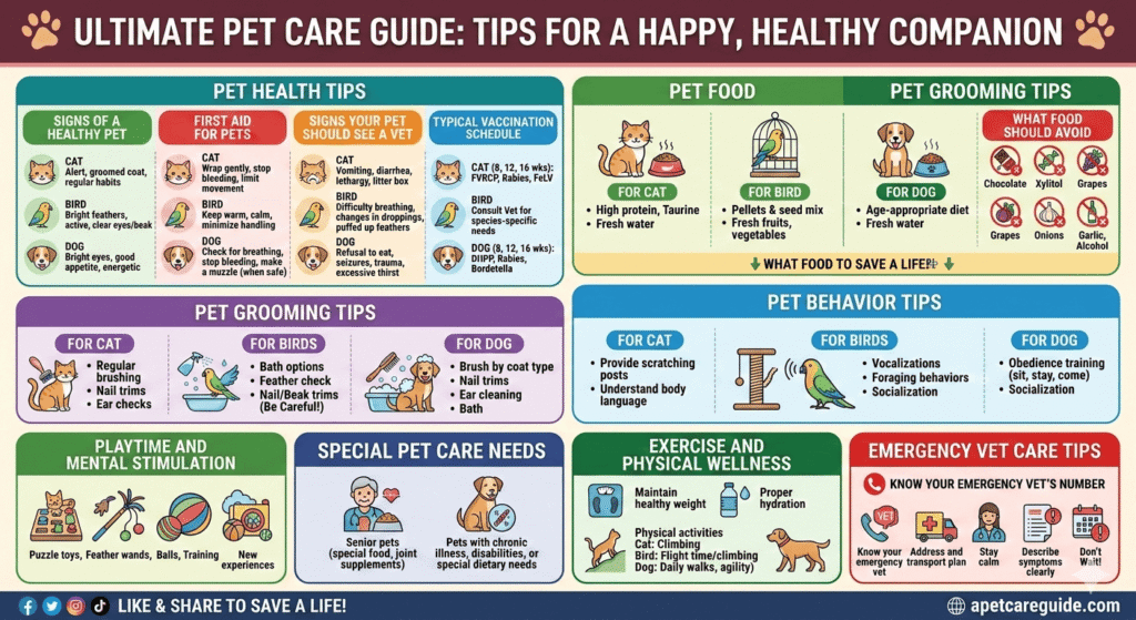 A Pet Care Tips for cat, bird, dog