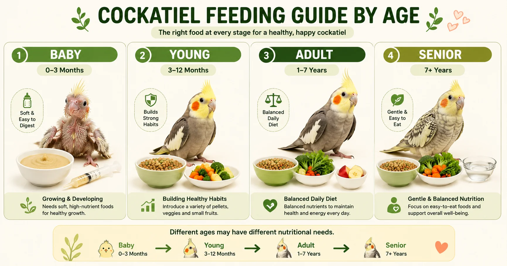 Cockatiel feeding guide by age showing baby, young, adult, and senior cockatiels