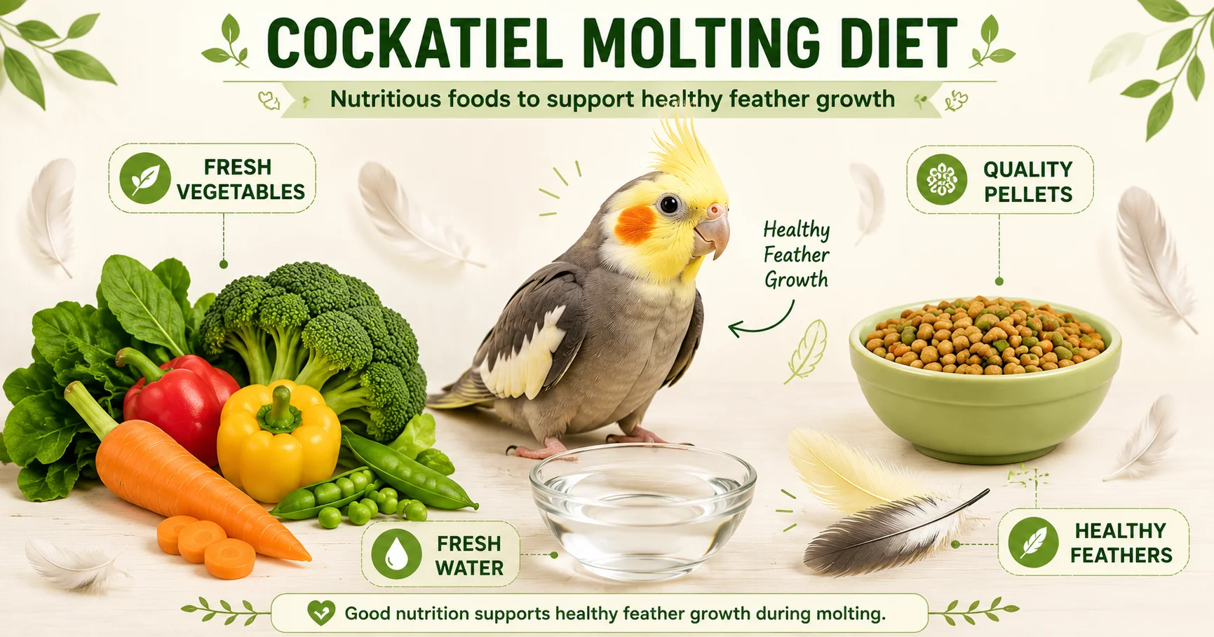 Cockatiel molting diet with healthy pellets, vegetables, fresh water, and feathers