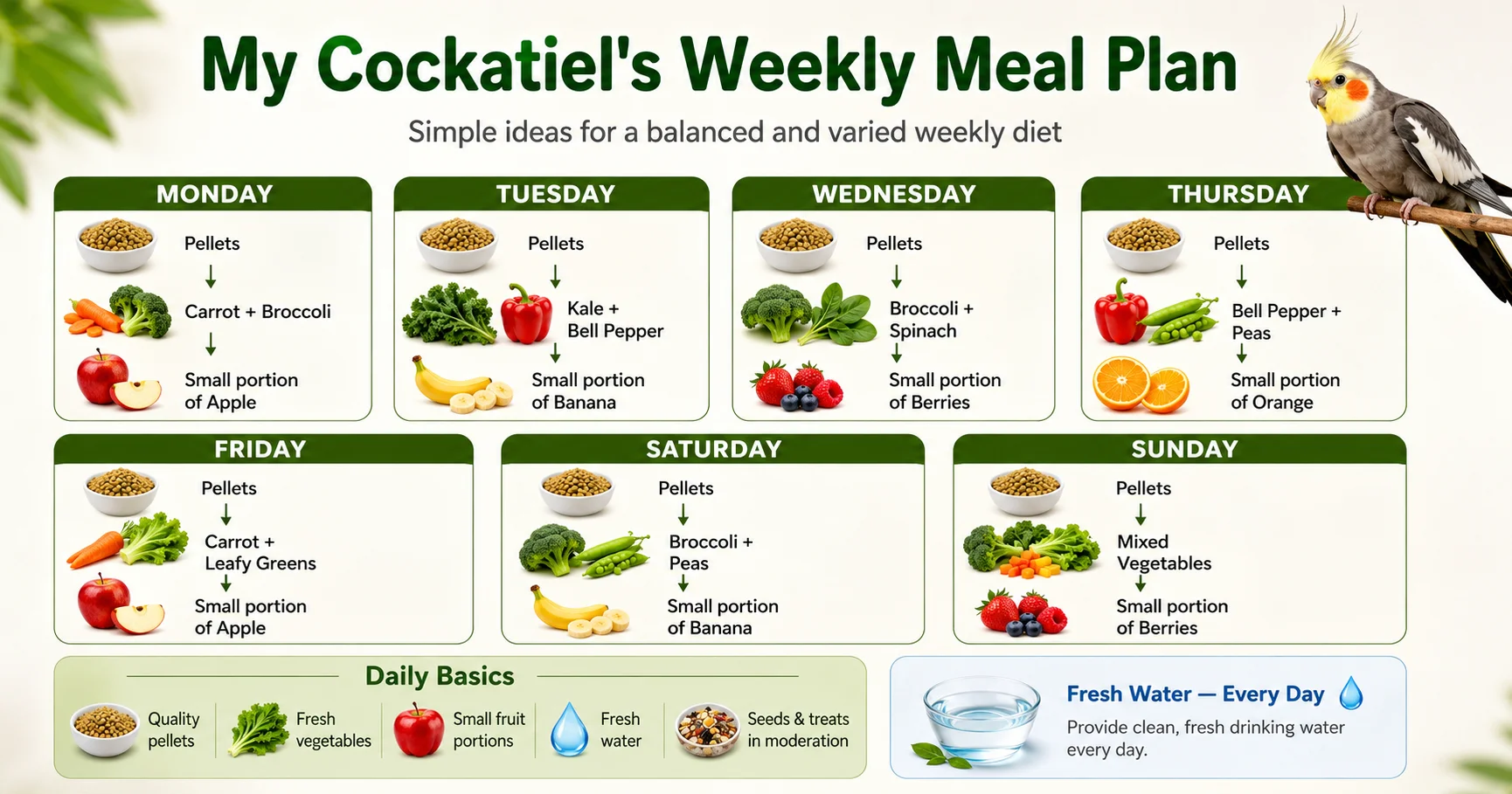 7-day cockatiel weekly meal plan with pellets, vegetables, fruits, and fresh water