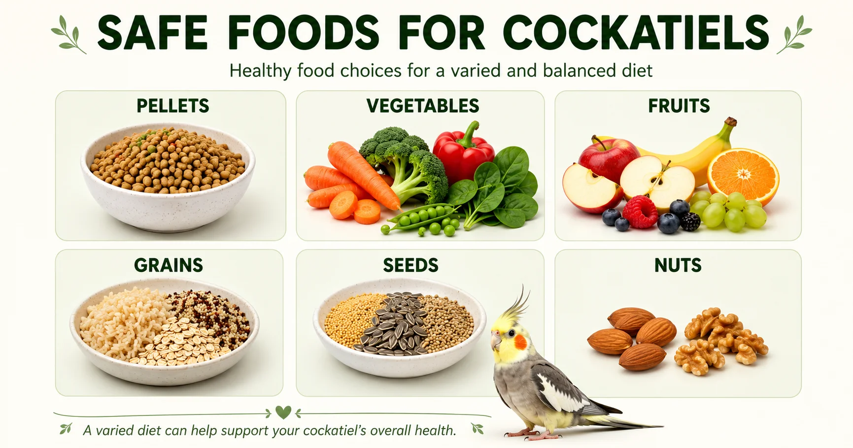 Safe foods for cockatiels including pellets, vegetables, fruits, grains, seeds, and nuts