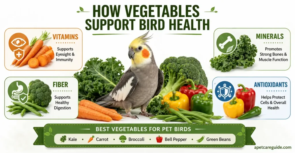 How Vegetables Support Bird Health Infographic showing how vegetables support bird health through vitamins, minerals, fiber, and antioxidants for pet birds.