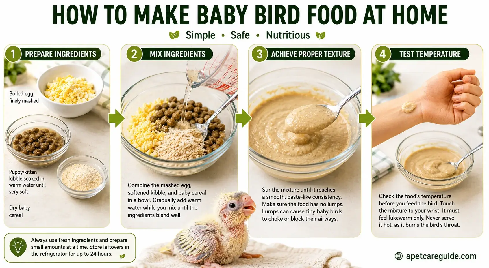 Step-by-step homemade baby bird food preparation infographic featuring mashed boiled egg, softened kibble, baby cereal, mixing instructions, proper paste consistency, and temperature testing before feeding a baby bird.