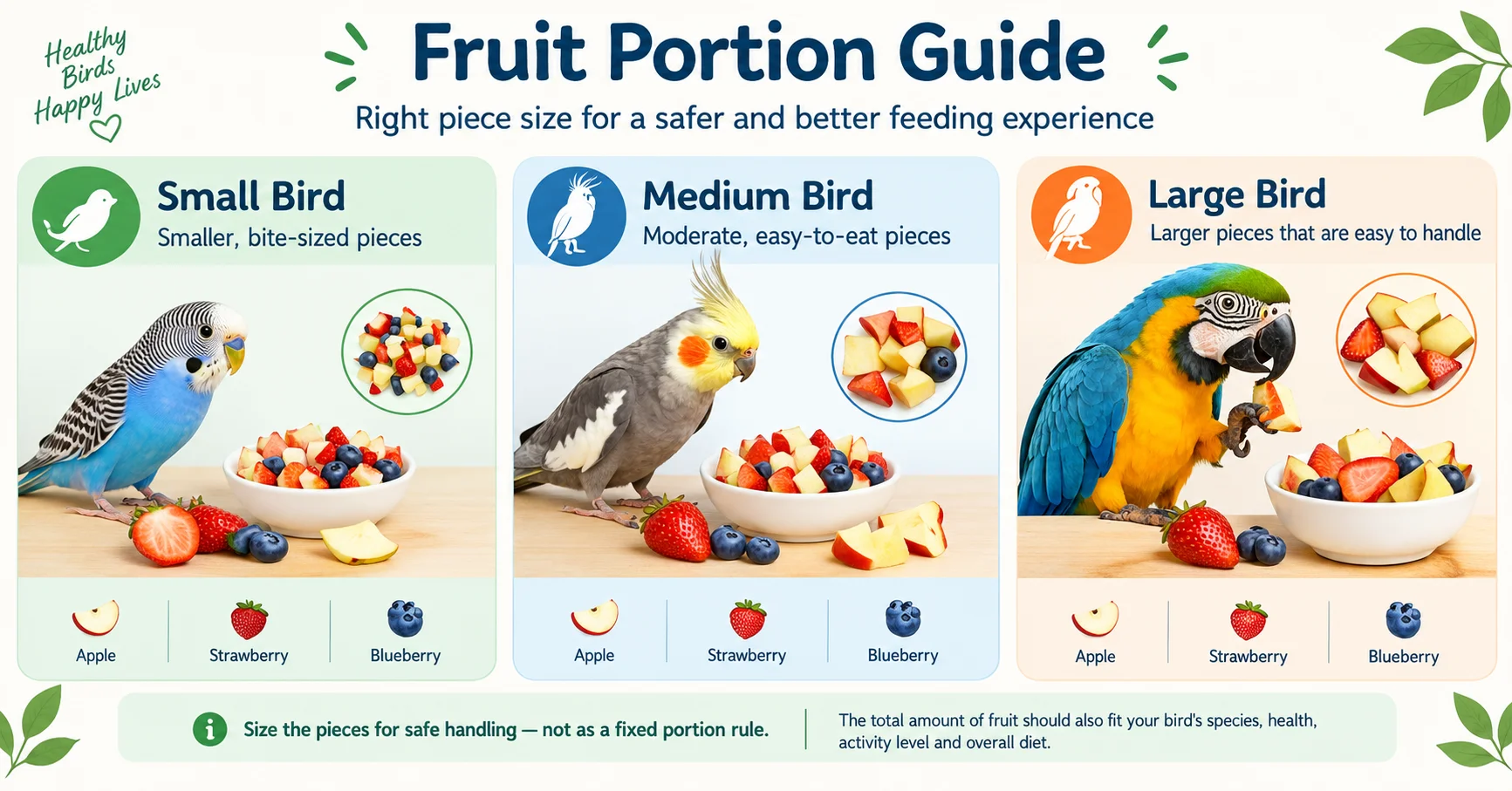 Fruit portion guide for pet birds showing smaller fruit pieces for small birds, moderate pieces for medium birds, and larger pieces for large birds