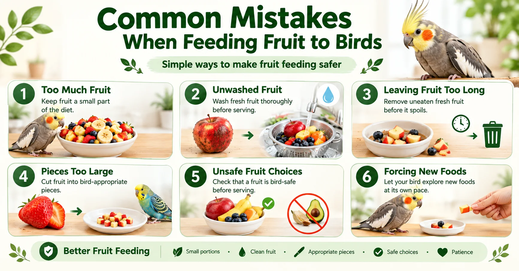 Common mistakes when feeding fruit to birds, including too much fruit, unwashed fruit, large pieces, and unsafe fruit choices