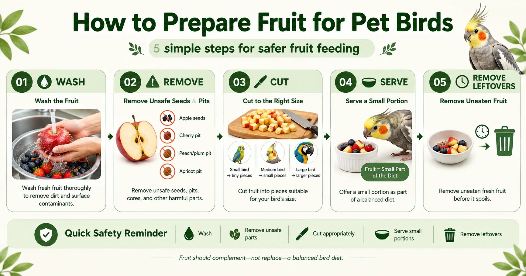 5 steps for preparing fruit for pet birds including washing, removing unsafe seeds and pits, cutting, serving, and removing leftovers
