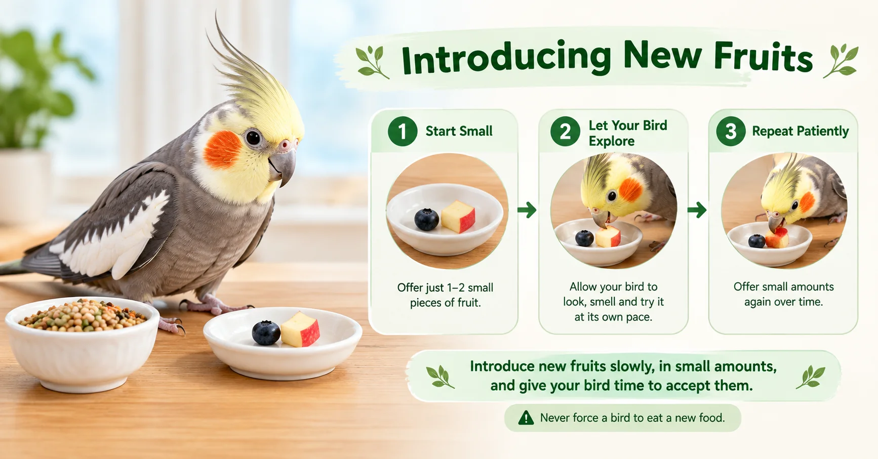 Cockatiel being introduced to small portions of new fruit with a three-step feeding guide