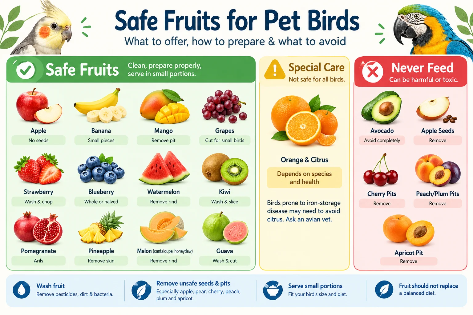 Safe fruits for pet birds including apples, bananas, berries, mango, grapes, melon and pomegranate, with unsafe seeds and pits to avoid