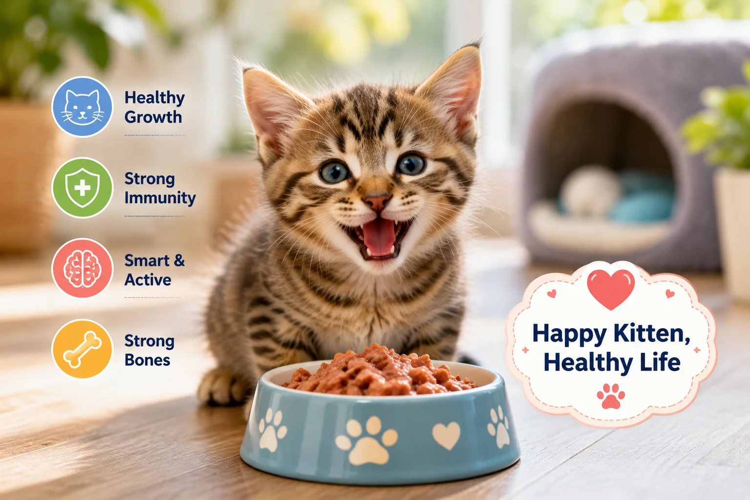 Happy tabby kitten happily eating nutritious wet kitten food from a blue bowl, illustrating healthy growth, strong immunity, brain development, and proper kitten nutrition.