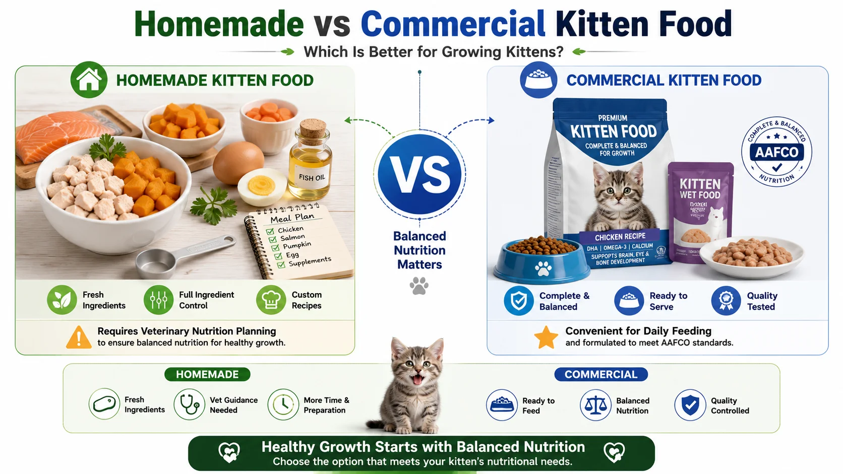 Homemade vs commercial kitten food comparison infographic showing ingredients, nutrition, convenience, veterinary guidance, and balanced feeding options for growing kittens.