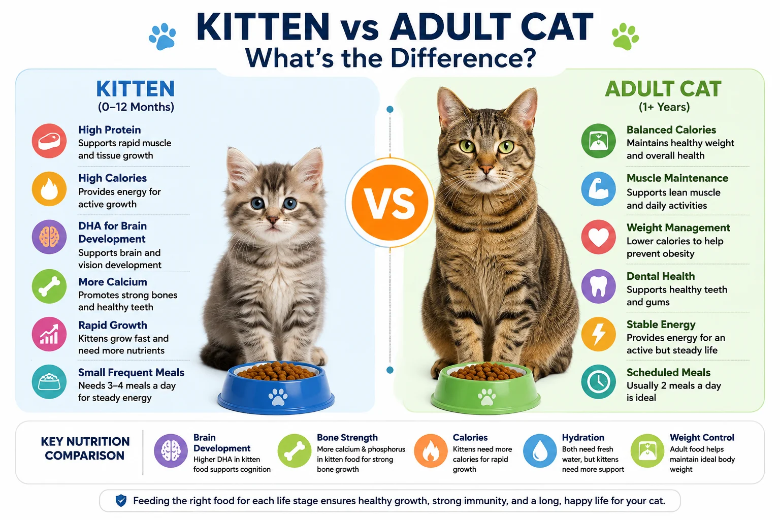 Kitten vs adult cat food comparison infographic showing differences in calories, protein, DHA, calcium, feeding schedule, weight management, hydration, and nutritional needs by life stage.