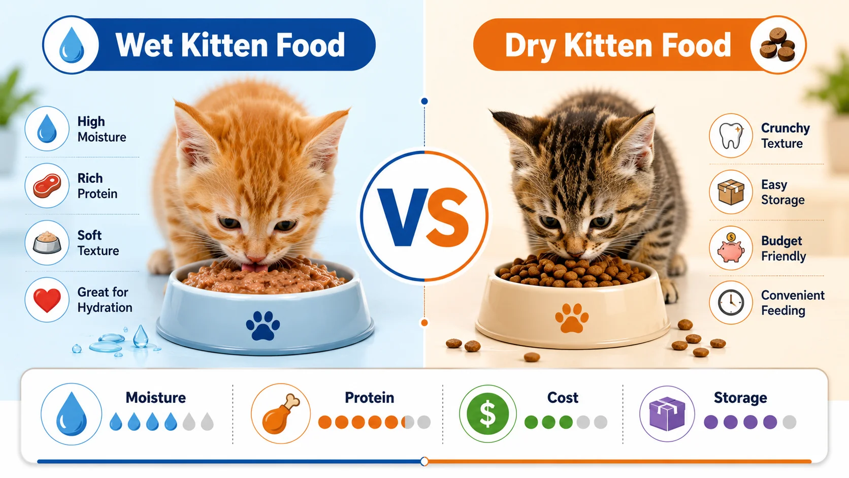 Wet vs dry kitten food comparison infographic showing moisture, protein, texture, hydration, storage, cost, and convenience for growing kittens.