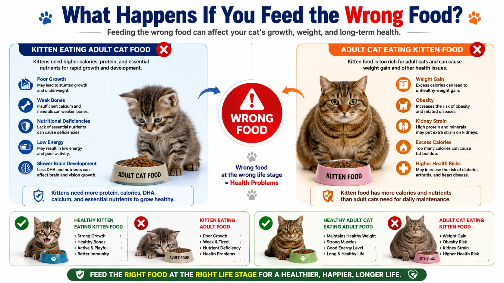 Infographic showing the health effects of feeding the wrong food to kittens and adult cats, including poor growth, obesity, kidney strain, weak bones, and nutritional deficiencies.