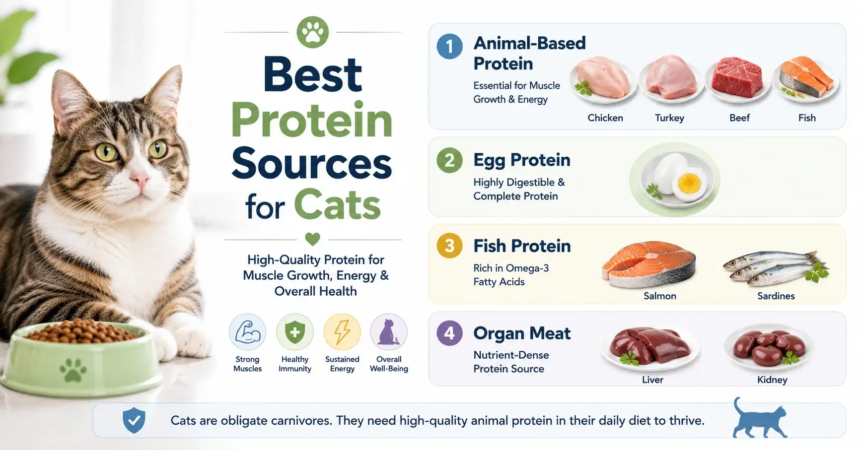 Best Protein Sources for Cats Infographic showing the best protein sources for cats including chicken, turkey, beef, fish, eggs, salmon, sardines, liver, and kidney with a healthy cat.