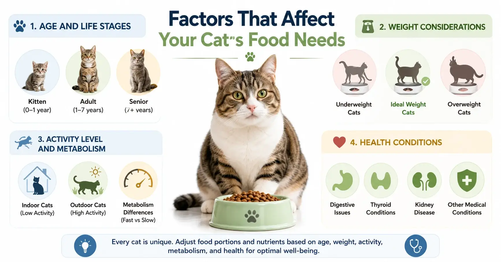 cat-food-needs-factors Infographic showing factors that affect a cat's food needs, including age, weight, activity level, metabolism, and health conditions.