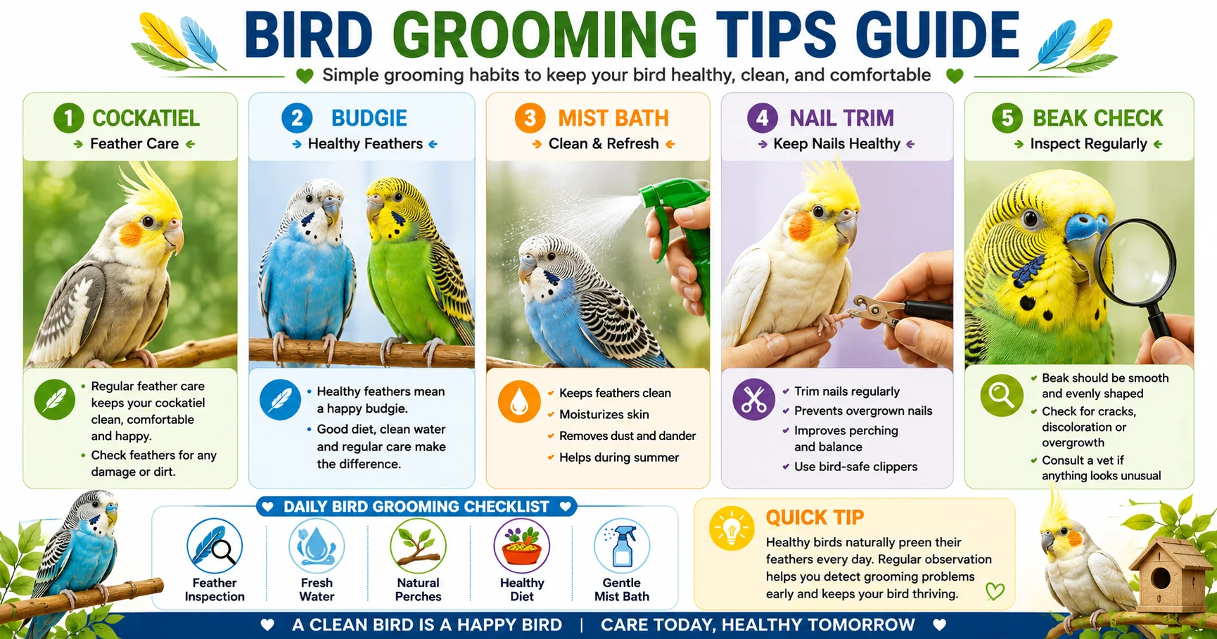 Bird grooming tips infographic showing a Cockatiel and Budgie with feather care, mist bath, nail trimming, and beak check for healthy pet bird grooming.