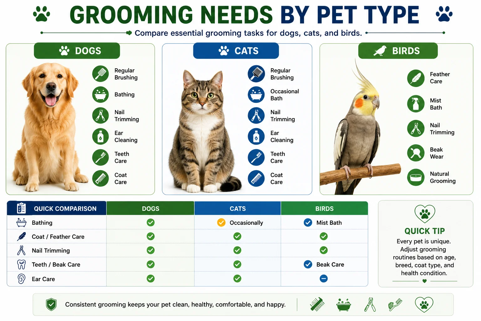 Grooming needs comparison infographic showing brushing, bathing, nail trimming, coat care, feather care, and hygiene requirements for dogs, cats, and birds.
