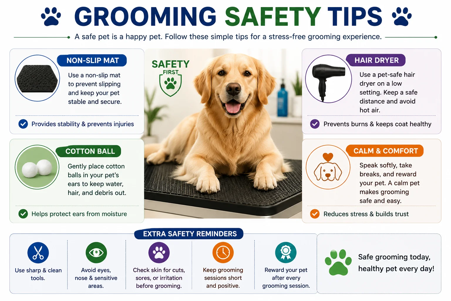 Pet grooming safety tips infographic showing a non-slip bath mat, low-heat hair dryer, cotton balls for ear protection, and a calm dog during a safe grooming session