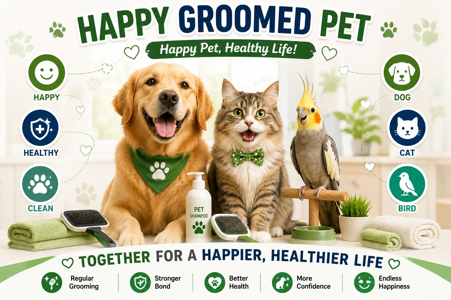 Happy healthy groomed dog, cat, and bird together after regular pet grooming and care