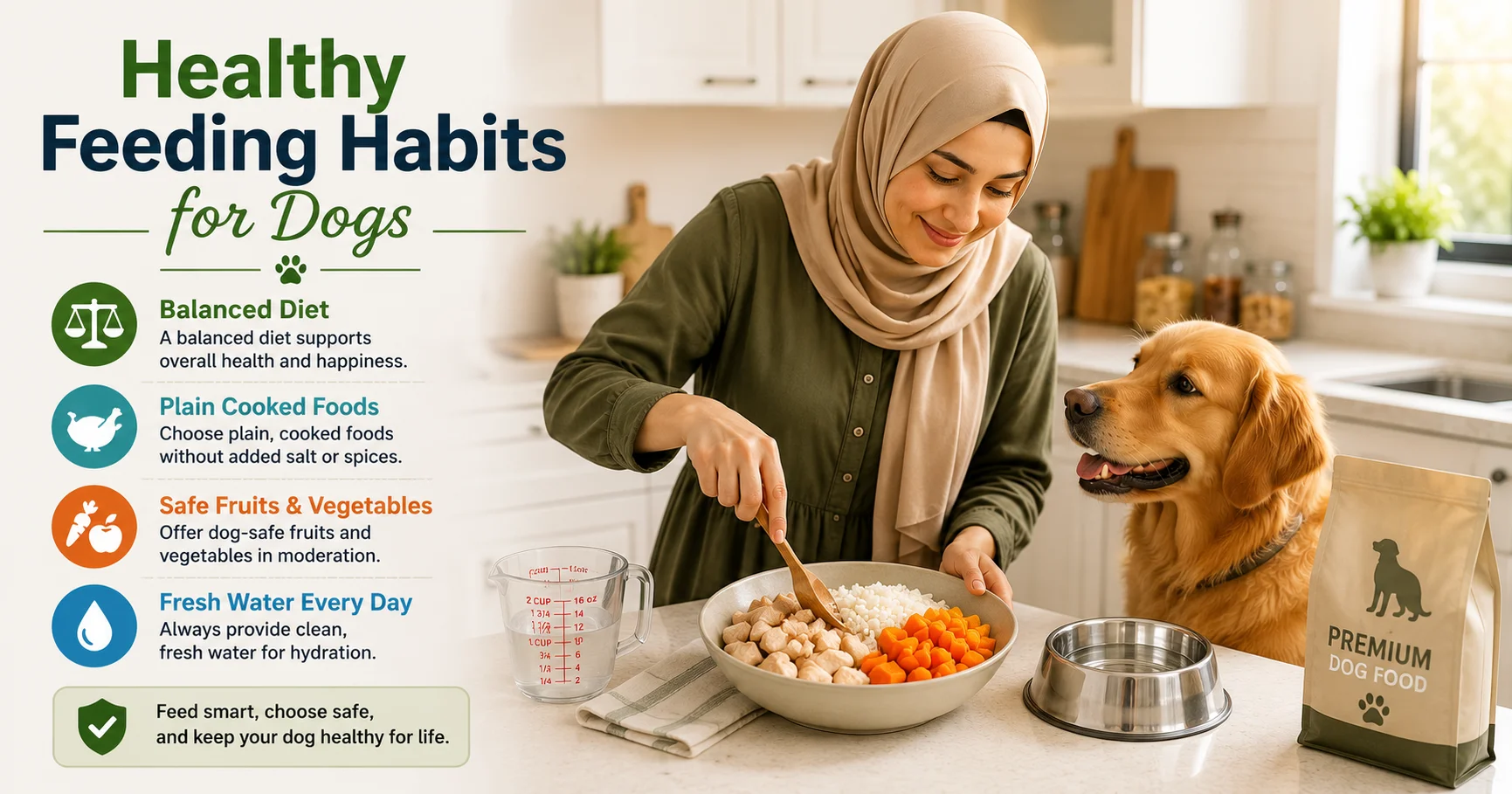 What can dogs eat? A pet owner prepares a healthy meal with plain cooked chicken, carrots, pumpkin, rice, and kibble for a Golden Retriever in a clean kitchen.