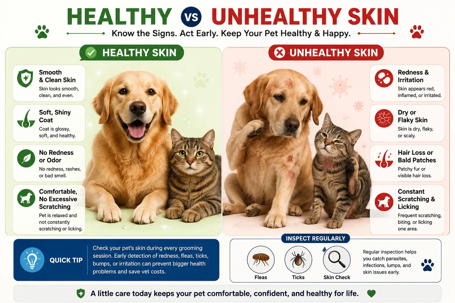 Comparison infographic showing healthy vs unhealthy skin in dogs and cats, highlighting smooth skin, shiny coat, redness, dry skin, hair loss, scratching, flea inspection, and early skin health checks.