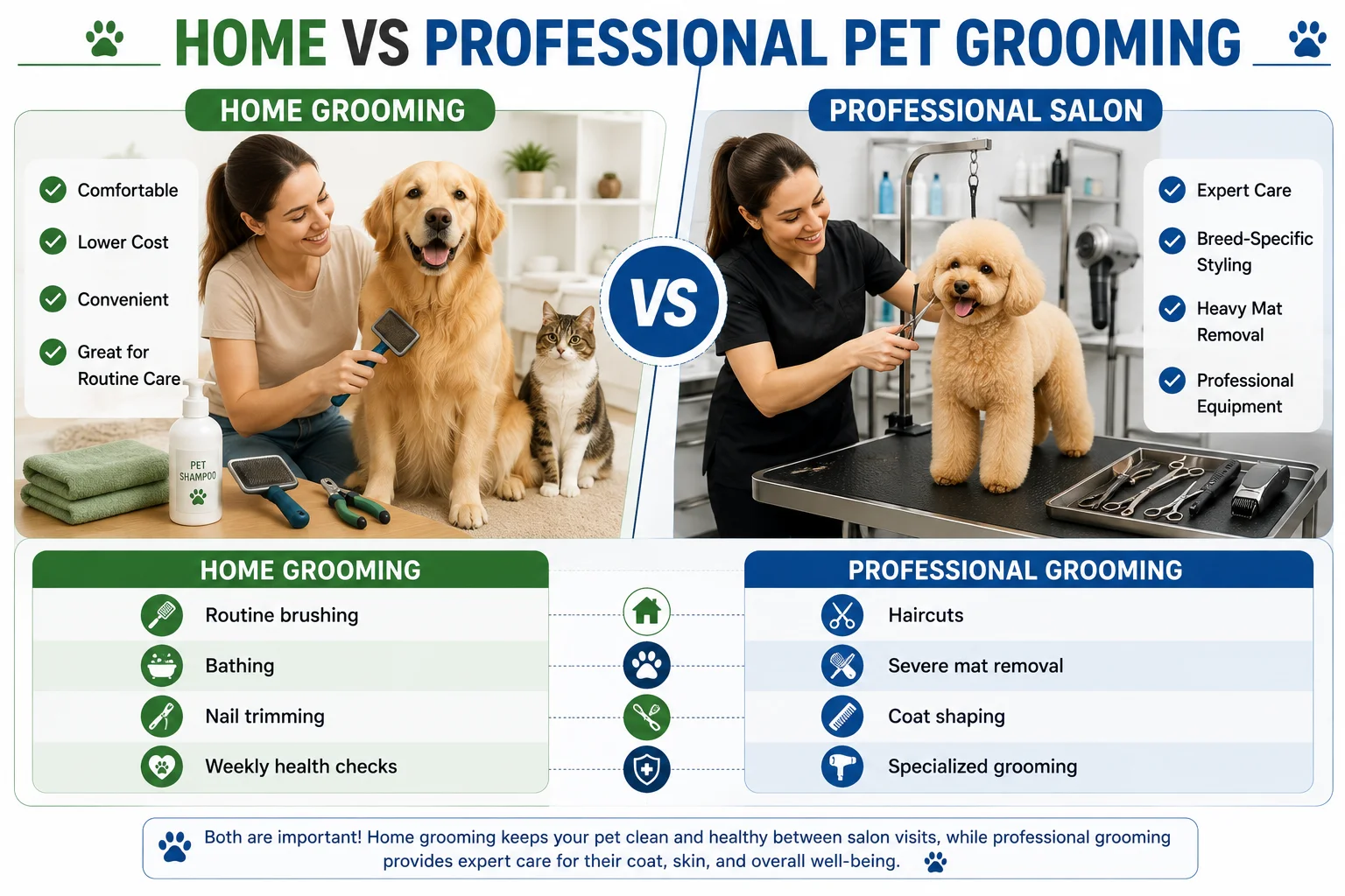 Side-by-side comparison of home pet grooming and professional pet grooming salon for dogs and cats
