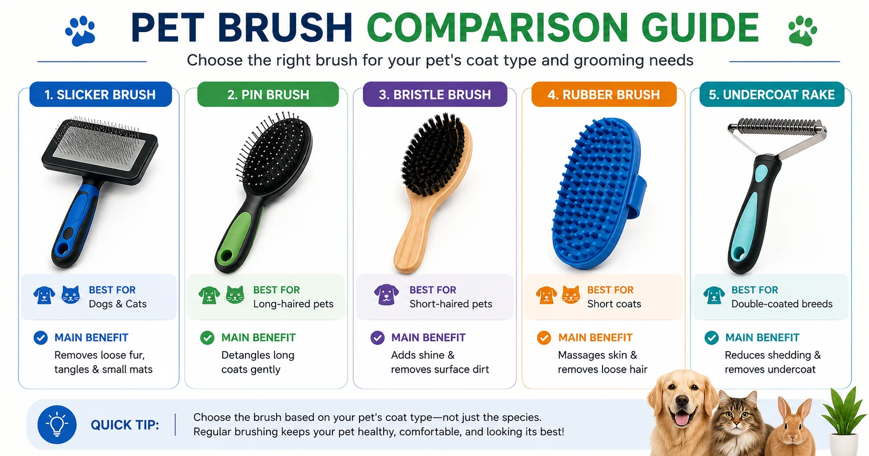 Pet brush comparison guide showing Slicker Brush, Pin Brush, Bristle Brush, Rubber Brush, and Undercoat Rake with their best uses for dogs, cats, and different coat types.