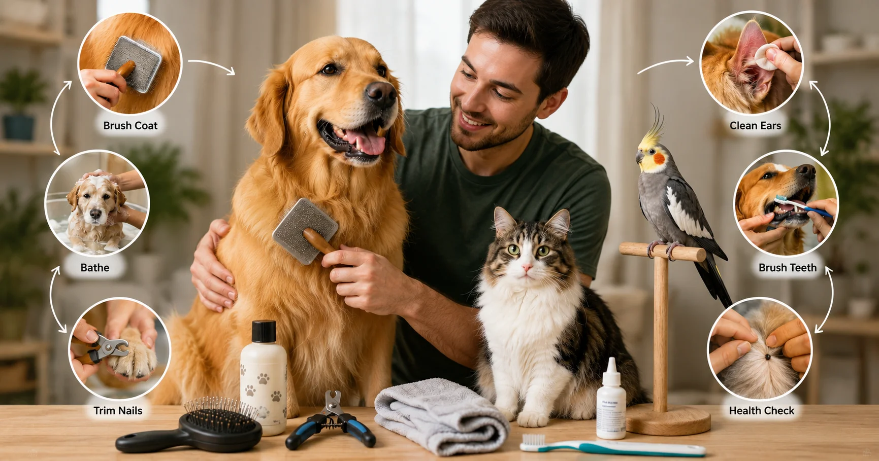 Pet grooming routine for dogs, cats, and birds showing a man brushing a Golden Retriever with a healthy cat and Cockatiel alongside grooming tools and essential pet care steps.