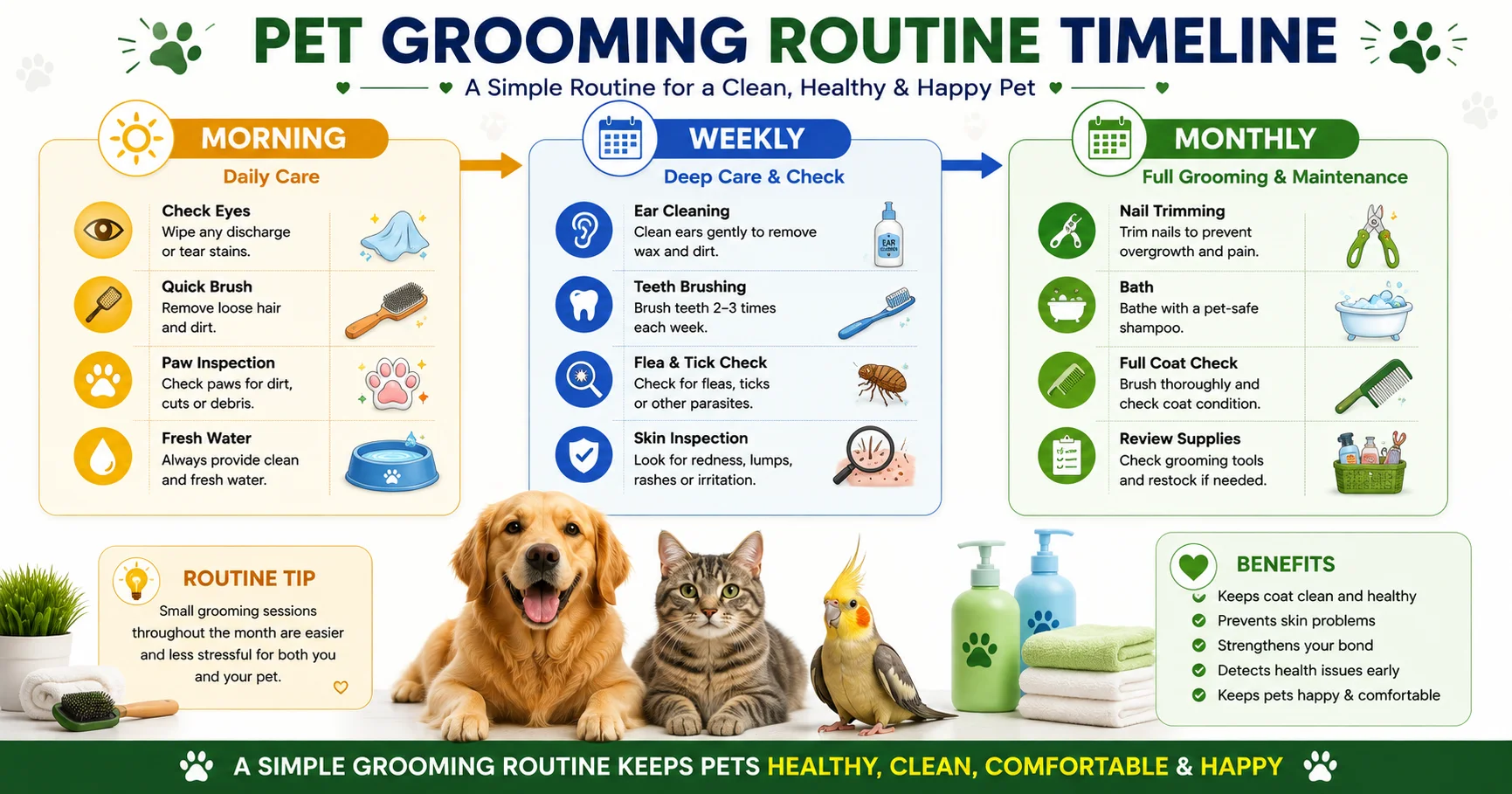 Pet grooming routine timeline infographic showing daily morning care, weekly grooming tasks, and monthly grooming schedule for dogs, cats, and birds.