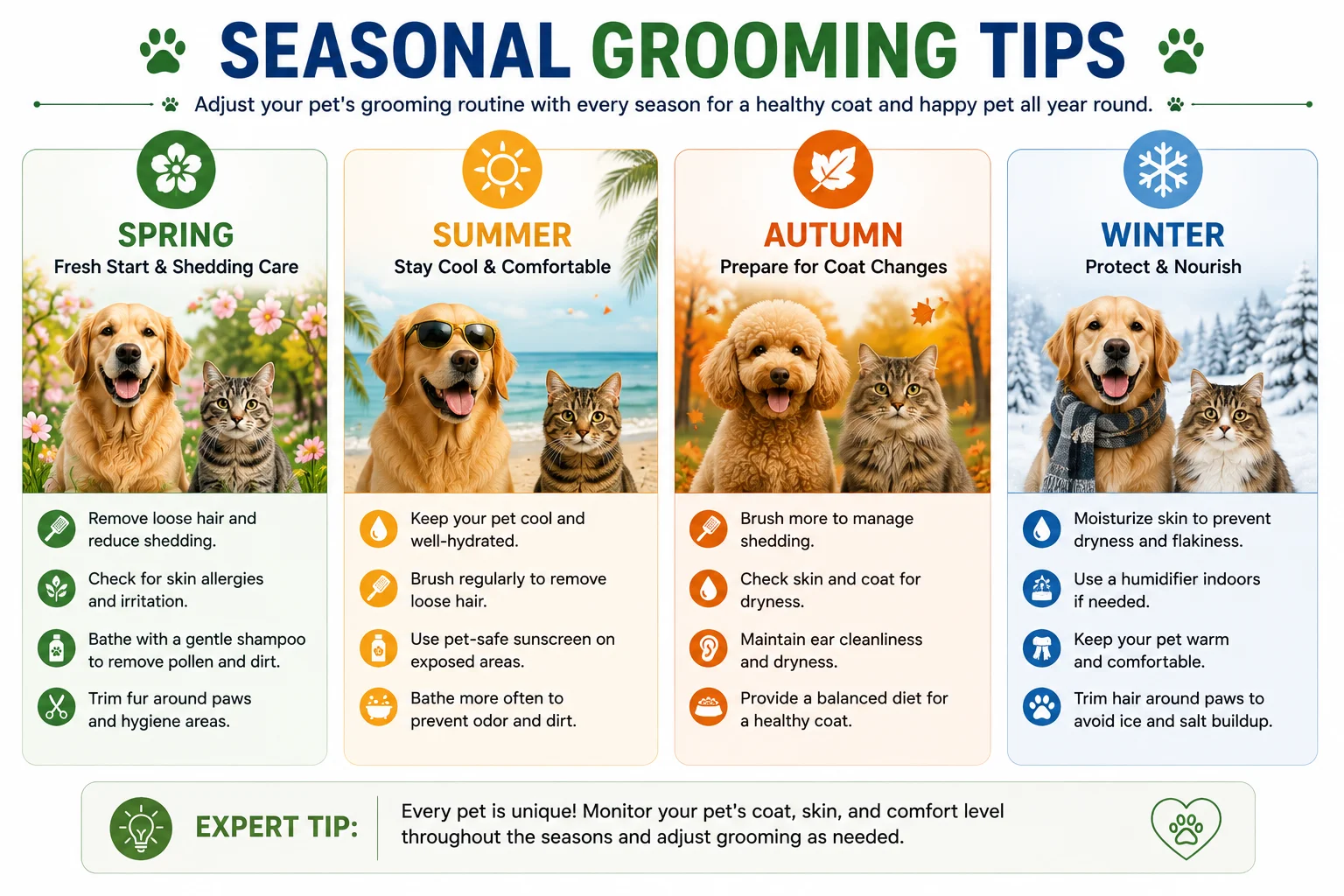 Seasonal pet grooming tips infographic showing grooming recommendations for spring, summer, autumn, and winter with dogs and cats