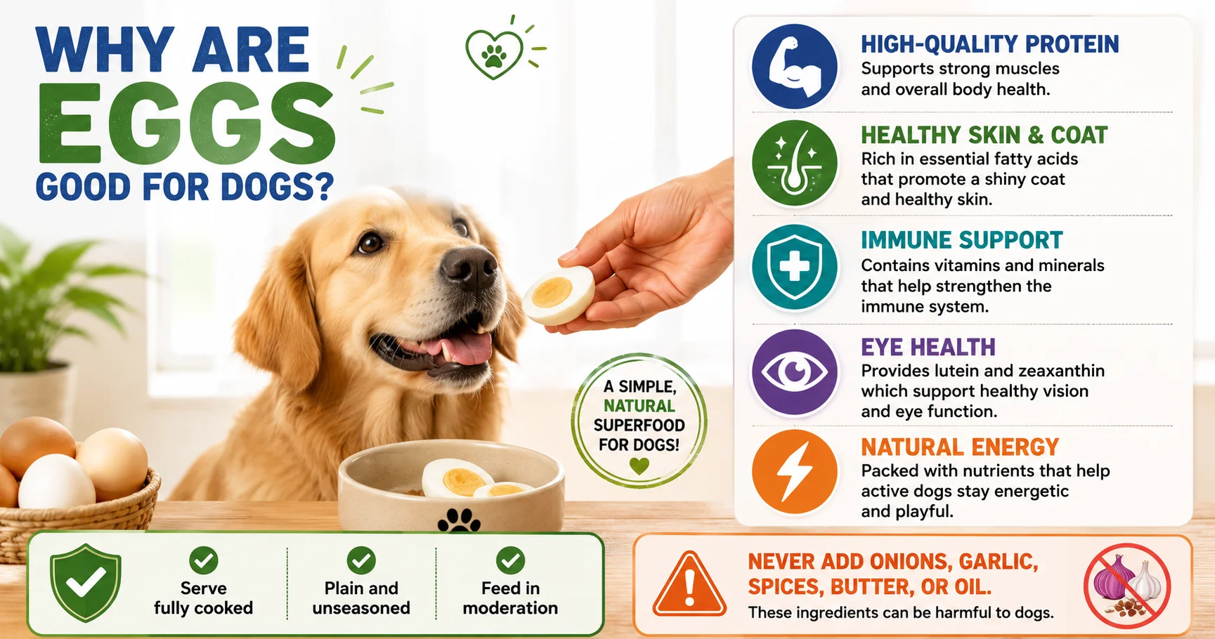 Golden Retriever eating a plain boiled egg with an infographic explaining the health benefits of eggs for dogs, including protein, healthy skin, immune support, eye health, and safe feeding tips.