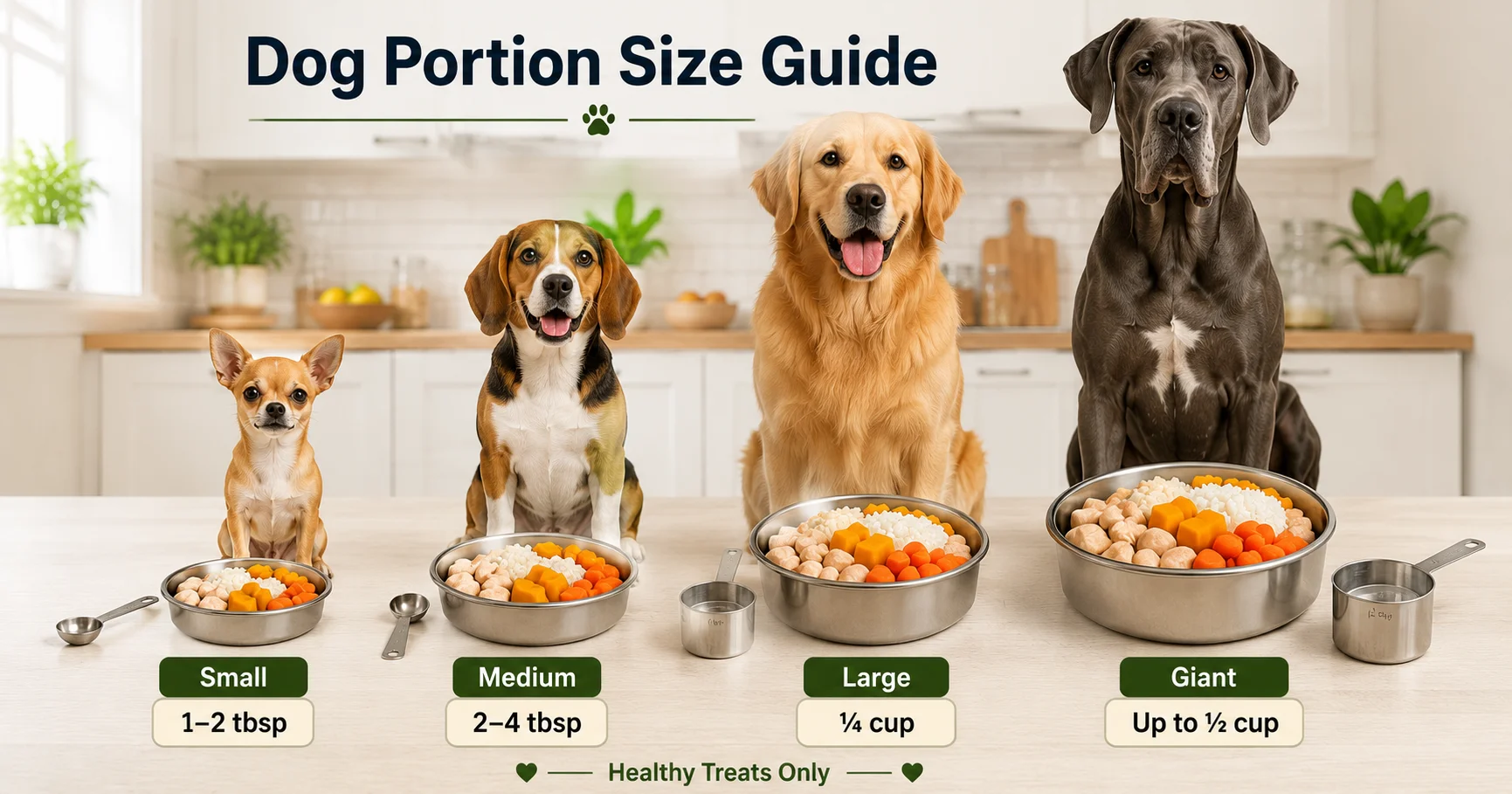 Dog portion size guide showing healthy human food serving sizes for small, medium, large, and giant dogs with portion bowls and measuring tools.