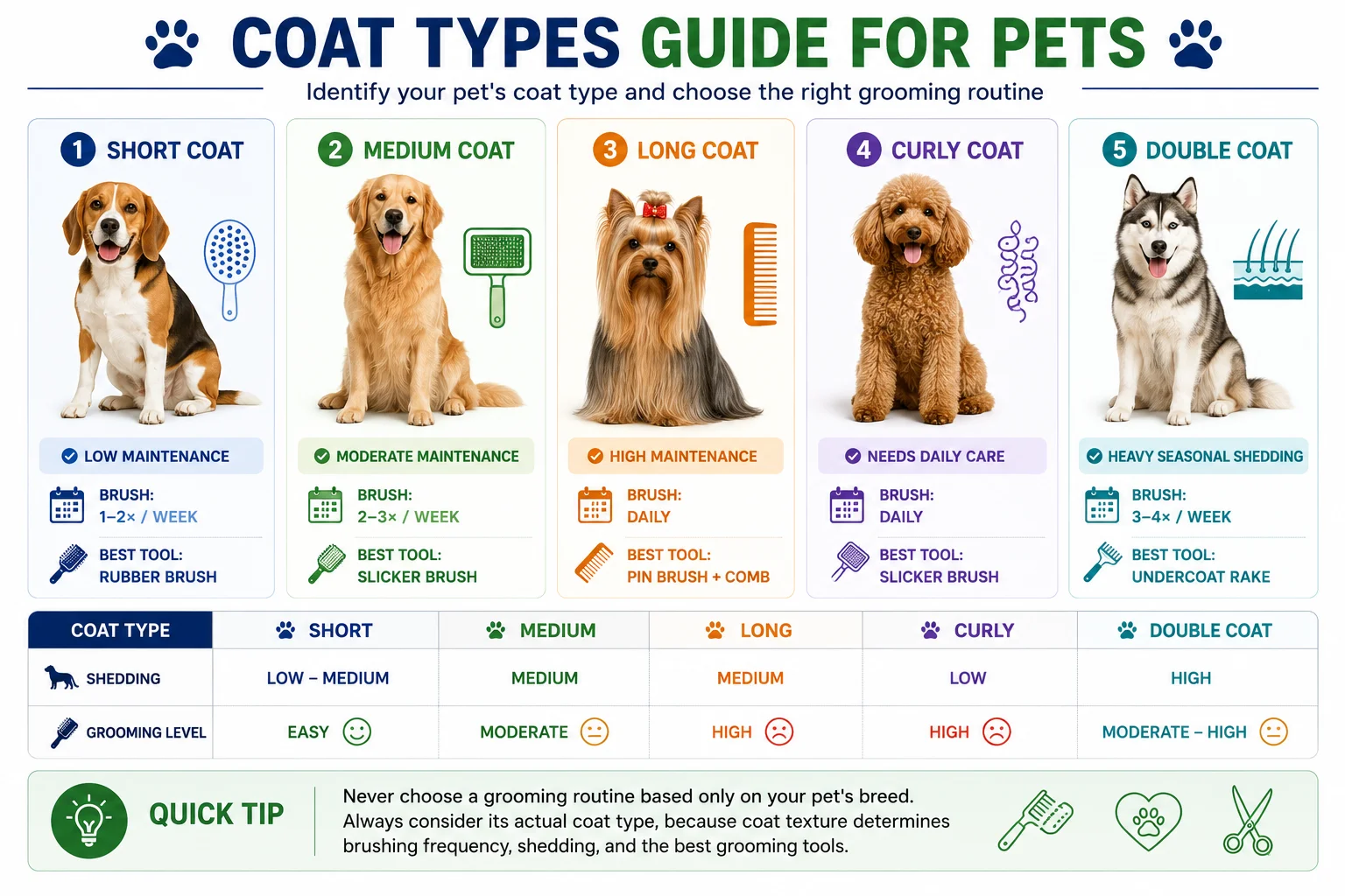 Infographic showing five pet coat types including short, medium, long, curly, and double coats with recommended brushing frequency, grooming level, and best grooming tools.
