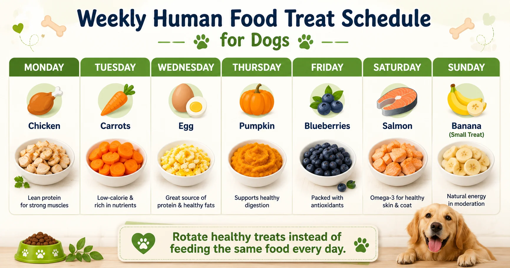 Weekly human food treat schedule for dogs showing a 7-day feeding calendar with safe foods including chicken, carrots, eggs, pumpkin, blueberries, salmon, and banana served in moderation.